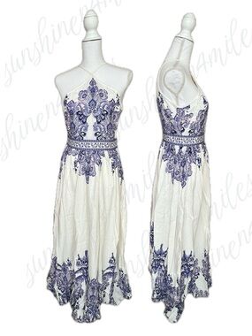 VENUS White Halter-neck Linen-Blend Purple-Blue Paisley Print Maxi Dress size 6
